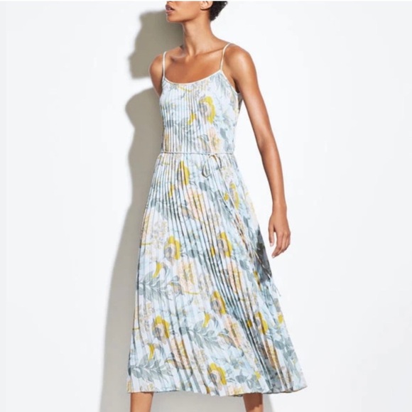Vince Floral Pleated Midi Dress - Blue and Yellow - Picture 1 of 11